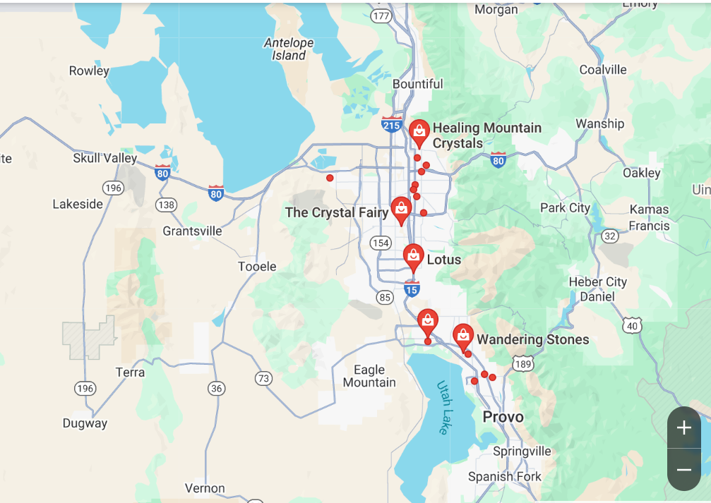 A map of local crystal stores A map highlighting crystal stores in a local area